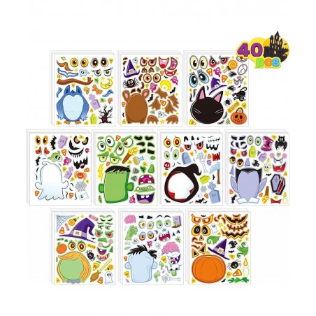 40 PCS Make-a-face Sticker Sheets Make Your Own Halloween Characters Mix and Match Sticker Sheets with Witch Frankenstein Gho...