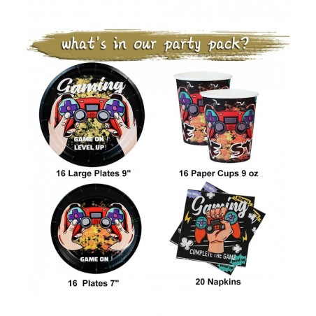 Video Game Birthday Party Supplies Set-16 Guest-Gaming Disposable Tableware Kit for boys Include gamer Paper Plates Cups Napk...