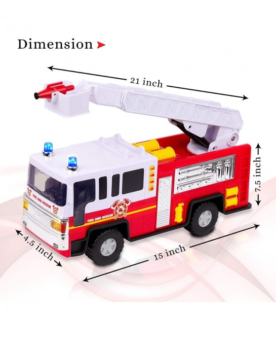 Playkidiz 15" Fire Truck Toy for Kids with Lights and Siren Sounds Classic Red and White Rolling Emergency Vehicle Interactiv...