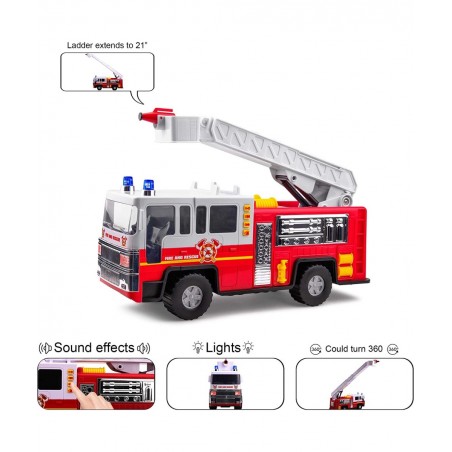 Playkidiz 15" Fire Truck Toy for Kids with Lights and Siren Sounds Classic Red and White Rolling Emergency Vehicle Interactiv...