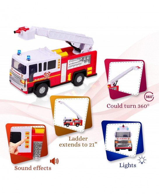 Playkidiz 15" Fire Truck Toy for Kids with Lights and Siren Sounds Classic Red and White Rolling Emergency Vehicle Interactiv...