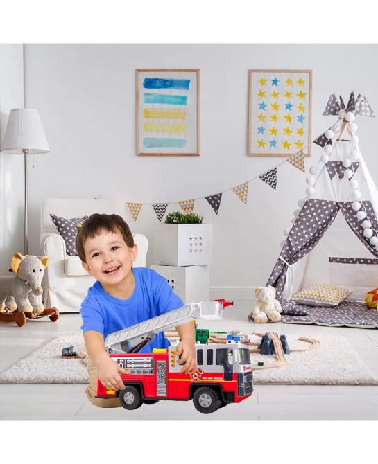 Playkidiz 15" Fire Truck Toy for Kids with Lights and Siren Sounds Classic Red and White Rolling Emergency Vehicle Interactiv...