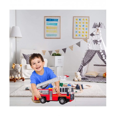 Playkidiz 15" Fire Truck Toy for Kids with Lights and Siren Sounds Classic Red and White Rolling Emergency Vehicle Interactiv...