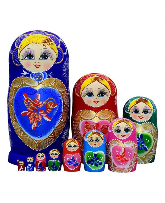10pcs Blue Loving Heart Shaped Handmade Wooden Russian Nesting Dolls Matryoshka Wooden Toys $44.70 Nesting Dolls