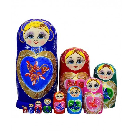 10pcs Blue Loving Heart Shaped Handmade Wooden Russian Nesting Dolls Matryoshka Wooden Toys $44.70 Nesting Dolls