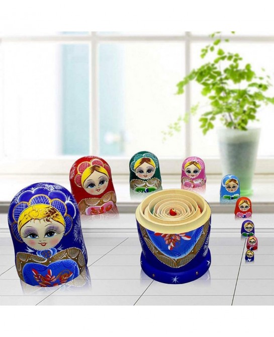 10pcs Blue Loving Heart Shaped Handmade Wooden Russian Nesting Dolls Matryoshka Wooden Toys $44.70 Nesting Dolls