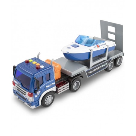 Speed Boat Transport Truck Toys Big Flatbed Truck Speed Boat 2 in 1 Playset for Kids Friction Powered Carrier and Trailer wit...