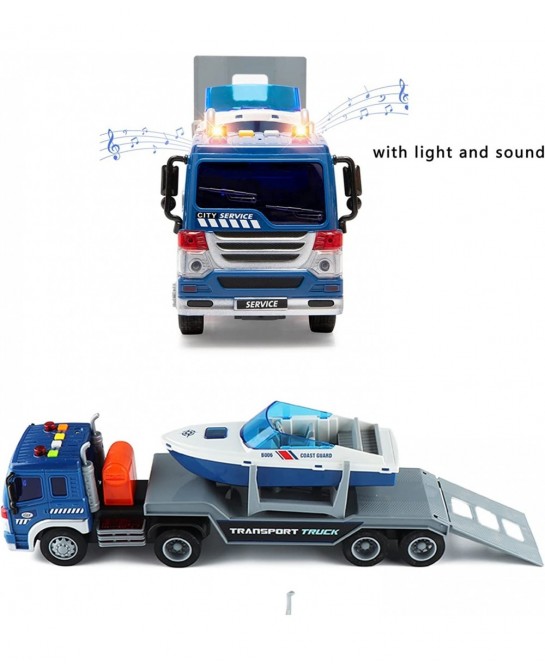 Speed Boat Transport Truck Toys Big Flatbed Truck Speed Boat 2 in 1 Playset for Kids Friction Powered Carrier and Trailer wit...