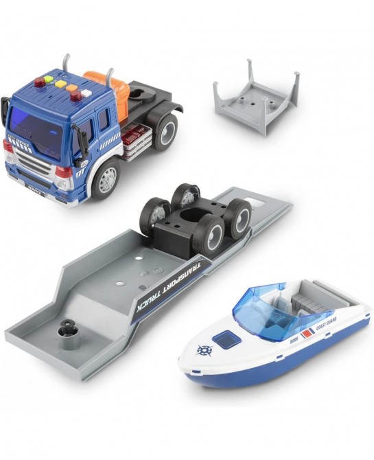 Speed Boat Transport Truck Toys Big Flatbed Truck Speed Boat 2 in 1 Playset for Kids Friction Powered Carrier and Trailer wit...