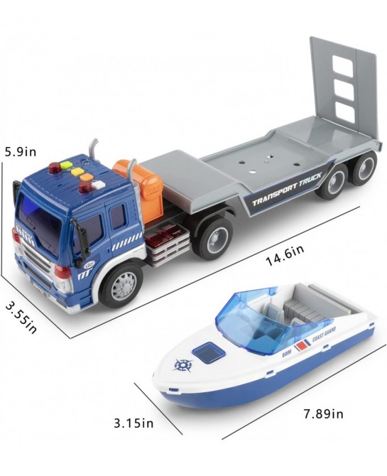 Speed Boat Transport Truck Toys Big Flatbed Truck Speed Boat 2 in 1 Playset for Kids Friction Powered Carrier and Trailer wit...