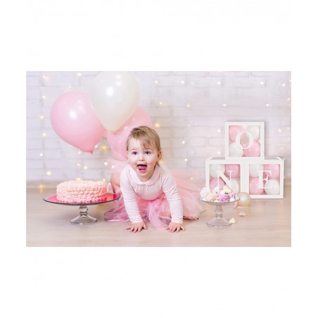 Baby Girl First Birthday Party Decorations 'ONE' Letters Individual Three White Transparent Square Boxes with 24 Balloons Dec...