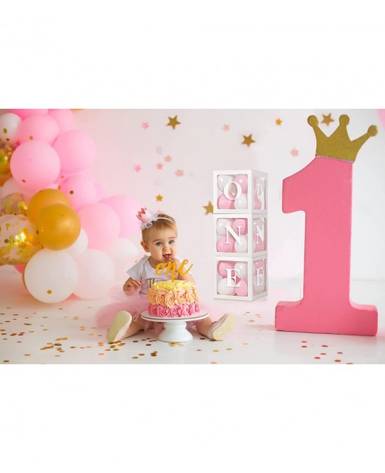 Baby Girl First Birthday Party Decorations 'ONE' Letters Individual Three White Transparent Square Boxes with 24 Balloons Dec...