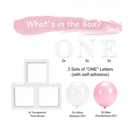 Baby Girl First Birthday Party Decorations 'ONE' Letters Individual Three White Transparent Square Boxes with 24 Balloons Dec...