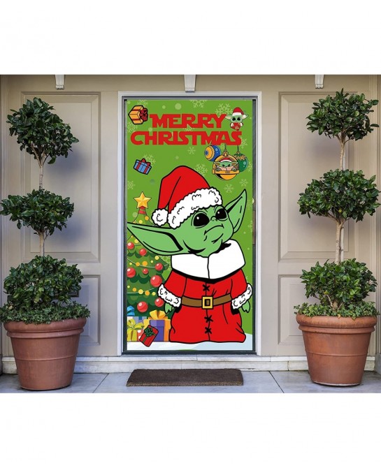 Baby Yo-da Christmas Door Cover Christmas Decoration Banner Star Crazy Wars Christmas Porch Sign for Indoor Outside Front Doo...