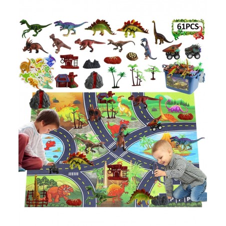 61 PCS Dinosaur Toys with Figures for Boys Activity Play Mat Dinosaur Toy Sets Realistic Dinosaur Toys & Cars & Stickers Educ...