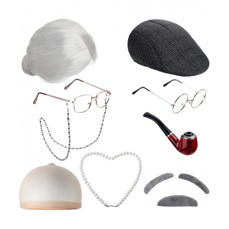 9 Pieces Old Lady Costume Set Old Man Costume Granny Costume for Kids Halloween 1920s Gatsby Old Lady Wig Grandma Costume (Wh...