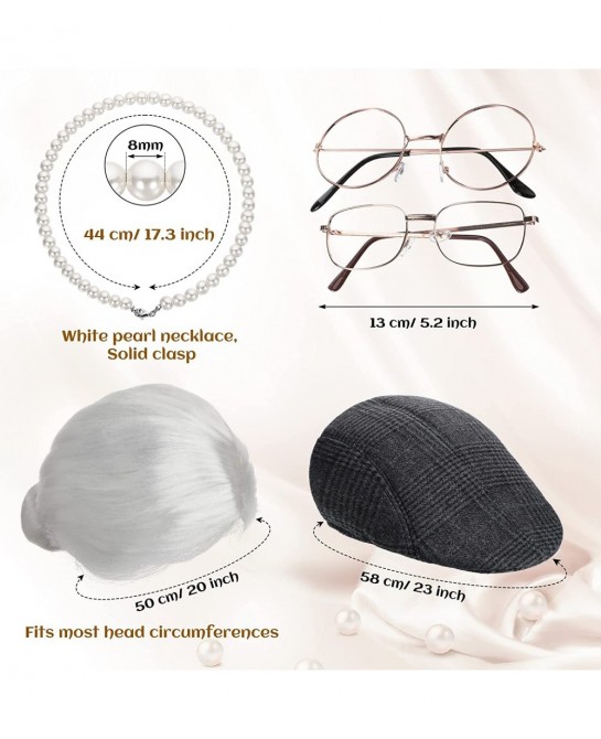 9 Pieces Old Lady Costume Set Old Man Costume Granny Costume for Kids Halloween 1920s Gatsby Old Lady Wig Grandma Costume (Wh...