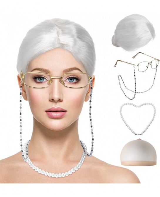 9 Pieces Old Lady Costume Set Old Man Costume Granny Costume for Kids Halloween 1920s Gatsby Old Lady Wig Grandma Costume (Wh...
