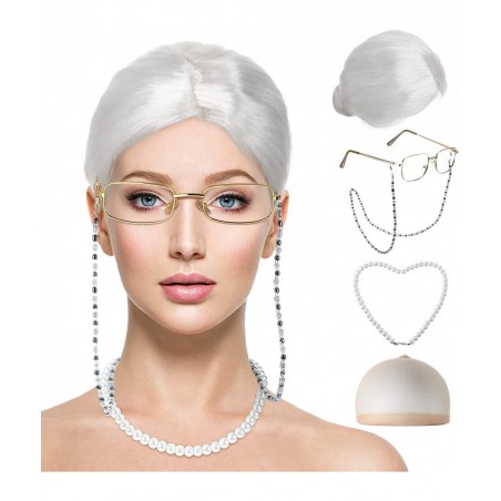 9 Pieces Old Lady Costume Set Old Man Costume Granny Costume for Kids Halloween 1920s Gatsby Old Lady Wig Grandma Costume (Wh...