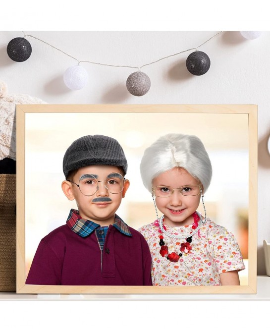 9 Pieces Old Lady Costume Set Old Man Costume Granny Costume for Kids Halloween 1920s Gatsby Old Lady Wig Grandma Costume (Wh...