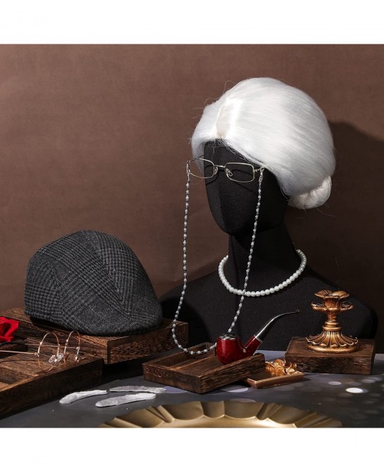 9 Pieces Old Lady Costume Set Old Man Costume Granny Costume for Kids Halloween 1920s Gatsby Old Lady Wig Grandma Costume (Wh...