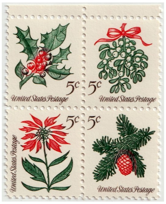1964 Vintage Christmas Foliage Mistletoe Evergreens Poinsettia Holly Scott 1257 4 x 5¢ US Postage Stamps $14.54 Collectibles ...