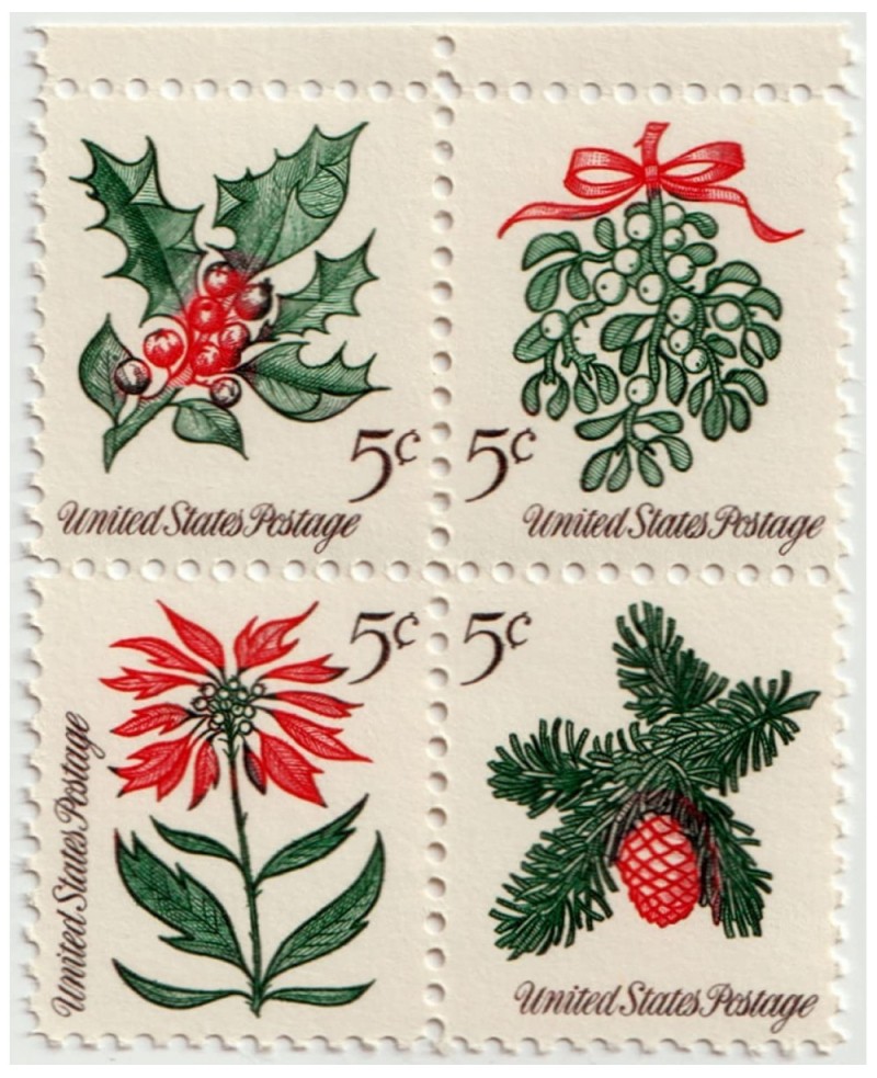 1964 Vintage Christmas Foliage Mistletoe Evergreens Poinsettia Holly Scott 1257 4 x 5¢ US Postage Stamps $14.54 Collectibles ...