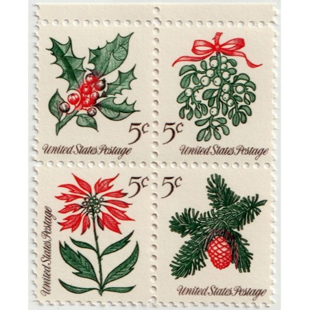 1964 Vintage Christmas Foliage Mistletoe Evergreens Poinsettia Holly Scott 1257 4 x 5¢ US Postage Stamps $14.54 Collectibles ...