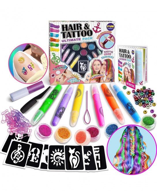 Girls Temporary Glitter Tattoo Hair Color Combo Set FunKidz Makeup Kit for Kids Includes Hair Chalk Pens Tattoo Stencils $41....