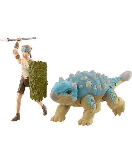 Jurassic World Human & Dino Pack Ben & Ankylosaurus Bumpy Action Figures Spear Accessory Camp Cretaceous Movable Joints & Aut...