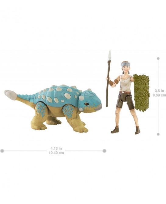Jurassic World Human & Dino Pack Ben & Ankylosaurus Bumpy Action Figures Spear Accessory Camp Cretaceous Movable Joints & Aut...