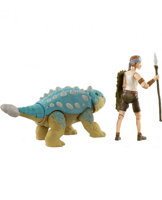 Jurassic World Human & Dino Pack Ben & Ankylosaurus Bumpy Action Figures Spear Accessory Camp Cretaceous Movable Joints & Aut...