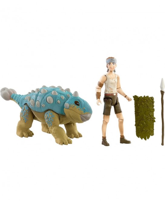 Jurassic World Human & Dino Pack Ben & Ankylosaurus Bumpy Action Figures Spear Accessory Camp Cretaceous Movable Joints & Aut...
