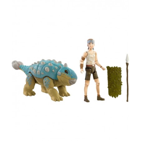 Jurassic World Human & Dino Pack Ben & Ankylosaurus Bumpy Action Figures Spear Accessory Camp Cretaceous Movable Joints & Aut...