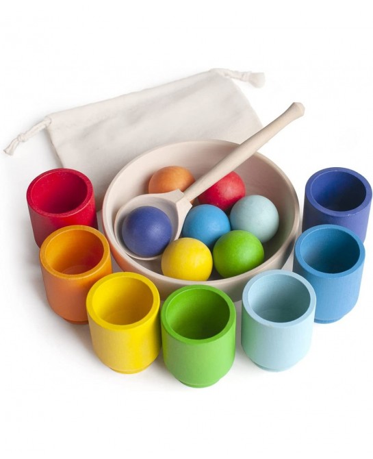 Rainbow Balls in Cups Montessori Toy Wooden Sorter Game 7 Balls 30 mm Age 1+ Color Sorting and Counting Preschool Learning Ed...