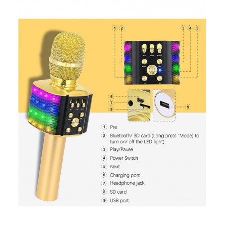 Kids Wireless Bluetooth Karaoke Microphone with Colorful Lights & USB Disco Light 4 in 1 Portable Karaoke Machine for Christm...