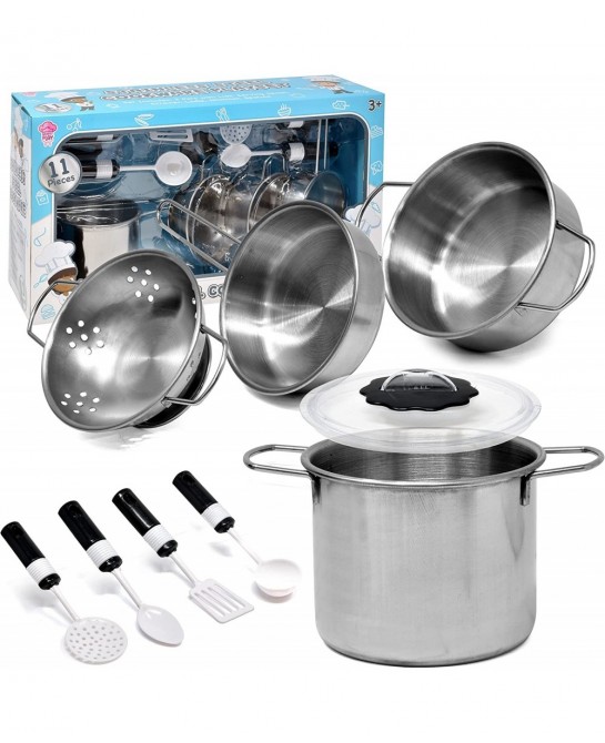 Kitchen Cooking Playset Stainless Steel Pretend Play for Kid Food Accessories Kids Cookware Toy Pots and Pans with Utensils f...