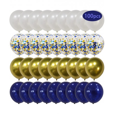 100pcs Royal Blue Chrome Metallic Balloons Set 12 Inch White Gold and Blue Balloons Confetti Balloons for Wedding Baby Shower...