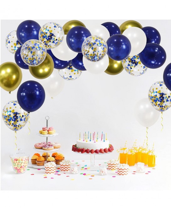 100pcs Royal Blue Chrome Metallic Balloons Set 12 Inch White Gold and Blue Balloons Confetti Balloons for Wedding Baby Shower...