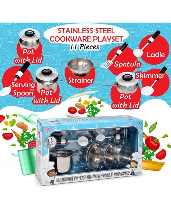 Kitchen Cooking Playset Stainless Steel Pretend Play for Kid Food Accessories Kids Cookware Toy Pots and Pans with Utensils f...