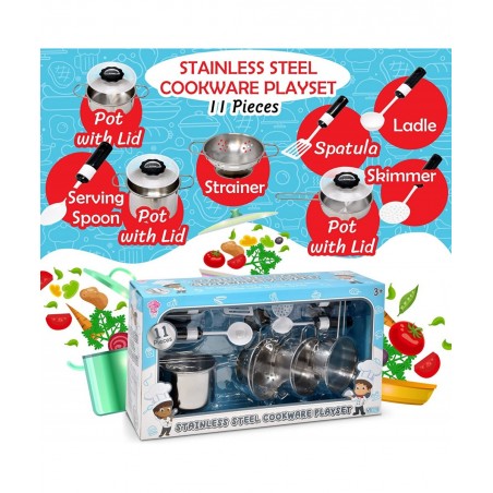 Kitchen Cooking Playset Stainless Steel Pretend Play for Kid Food Accessories Kids Cookware Toy Pots and Pans with Utensils f...