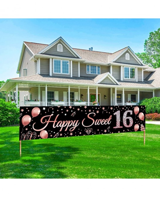 16th Birthday Decorations Sweet 16 Banner Party Supplies Rose Gold Happy Sweet Sixteen Birthday Party Decor for Girl 16 Year ...