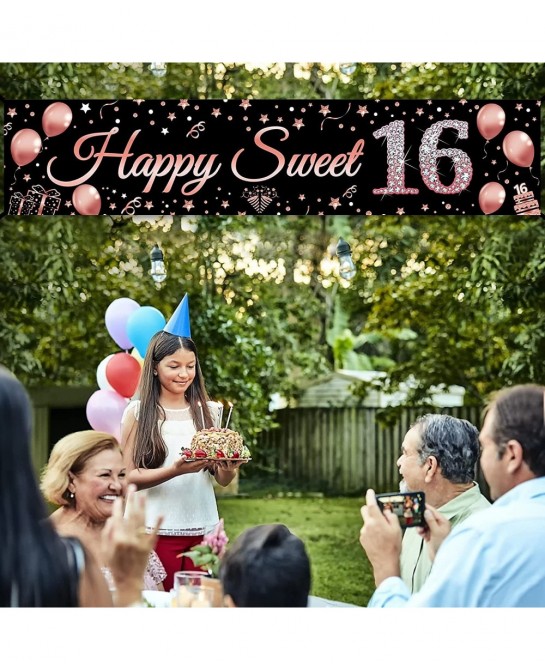 16th Birthday Decorations Sweet 16 Banner Party Supplies Rose Gold Happy Sweet Sixteen Birthday Party Decor for Girl 16 Year ...