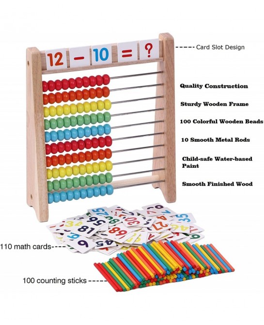 Wooden Abacus for Kids Math with 100 Counting Sticks and Number Toys Cards 1-100 Educational Math Games Preschool Learning To...