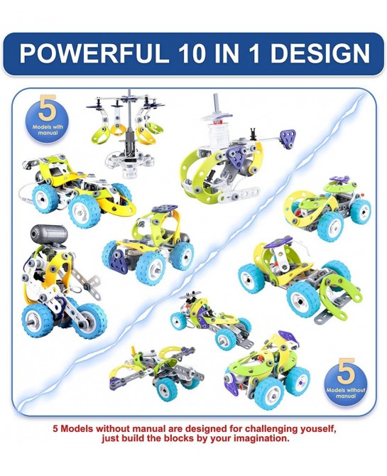 10 in 1 Building Toy Set STEAM Building Blocks with Electric Powered Motor for Children Boys Girls Construction Toys with Too...