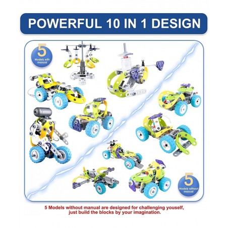 10 in 1 Building Toy Set STEAM Building Blocks with Electric Powered Motor for Children Boys Girls Construction Toys with Too...