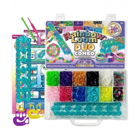Rainbow Loom® DUO Combo with JEWEL Rubber Bands Collection Features 2 connectable Rainbow Looms to make LONGER and WIDER crea...