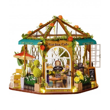 Dollhouse Miniature with Furniture DIY 3D Wooden Doll House Kit Garden Coffee House Style Plus with Dust Cover and LED 1:24 S...