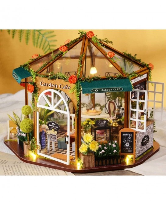 Dollhouse Miniature with Furniture DIY 3D Wooden Doll House Kit Garden Coffee House Style Plus with Dust Cover and LED 1:24 S...