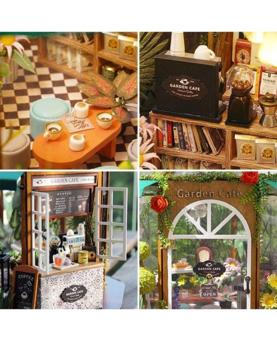 Dollhouse Miniature with Furniture DIY 3D Wooden Doll House Kit Garden Coffee House Style Plus with Dust Cover and LED 1:24 S...